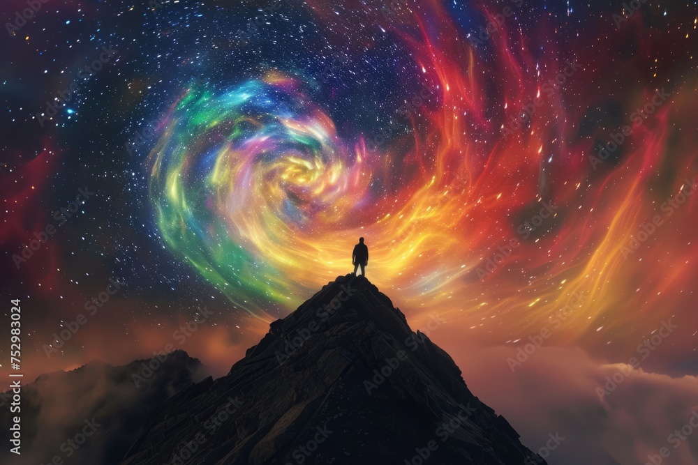 A person standing on a mountain top with a vibrant, cosmic swirl of colors in the sky.