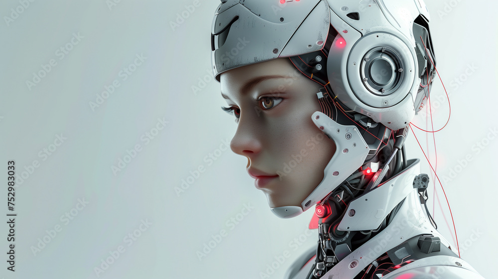 Profile view of a sophisticated female robot with intricate design and visible mechanics, set against a minimalistic background.. Profile view of a sophisticated female robot with intricate design and visible mechanics, set against a minimalistic background..