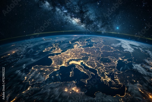 View of Earth from space highlighting Europe's city lights at night.