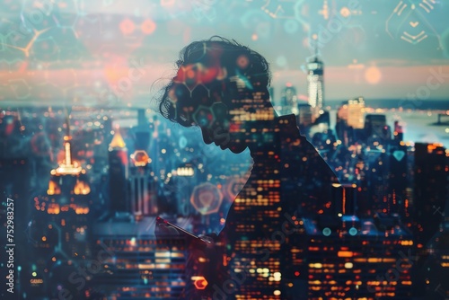 Double exposure of a person using a smartphone and cityscape with digital overlay.