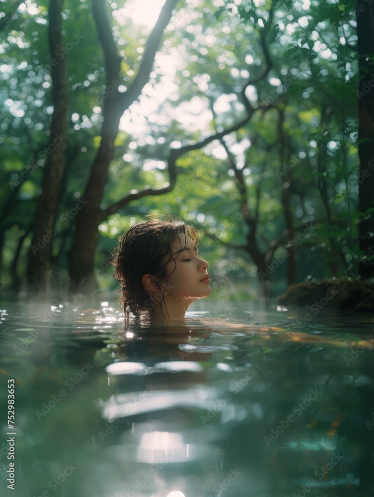 girl basks in the soothing waters of a natural outdoor hot spring. healing spa photo girl basks in the soothing waters of a natural outdoor hot spring. healing spa photo