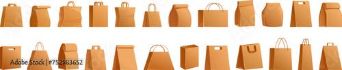 Craft paper eco bags icons set cartoon vector. Food safe friendly. Zero waste shape