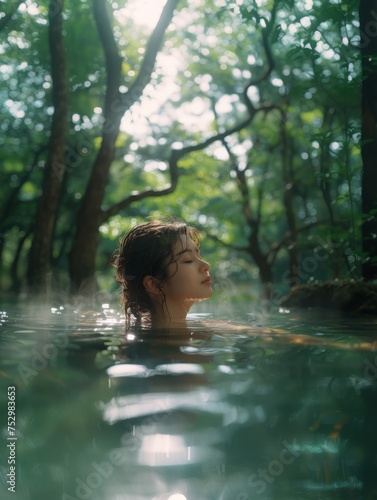 girl basks in the soothing waters of a natural outdoor hot spring. healing spa photo © lc design
