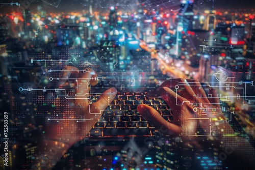 Hands typing on a keyboard with digital network overlay and cityscape background.