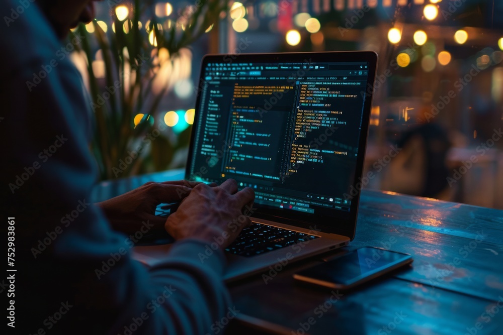 Person working on a laptop with coding software. Person working on a laptop with coding software.