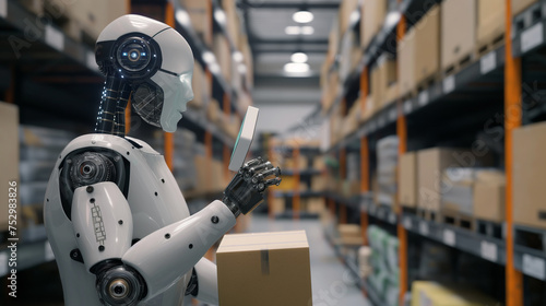 modern humanoid AI robot using tablet working at warehouse of a shipping company, AI replacing humans concept, artificial intelligence technology automation 