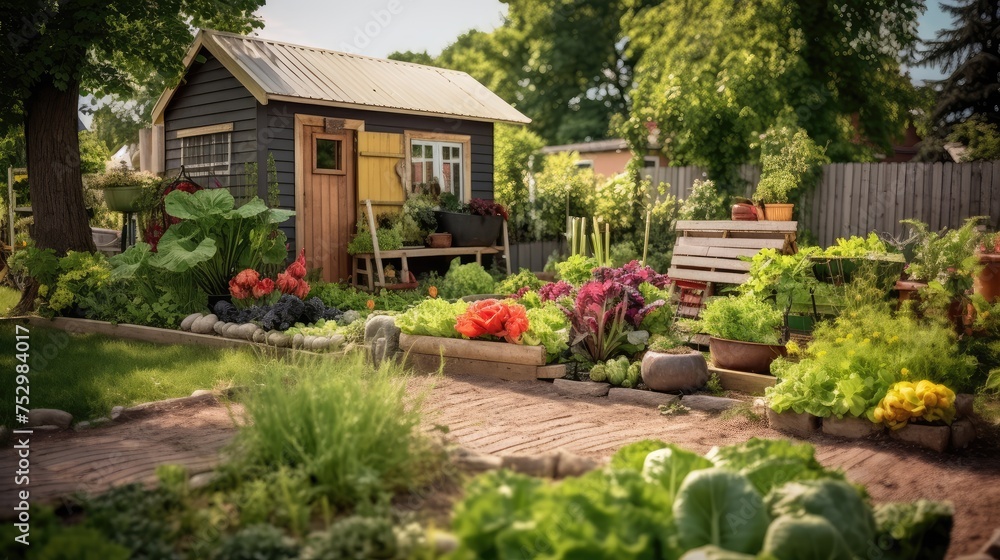 Cozy Garden Shed Surrounded by Lush Vegetable Beds Cozy Garden Shed Surrounded by Lush Vegetable Beds