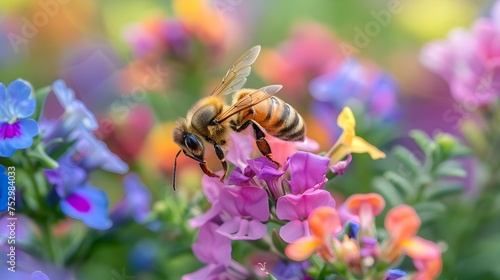 Honey Bee Pollinating Colorful Flowers, To showcase the beauty and importance of pollinators in our environment