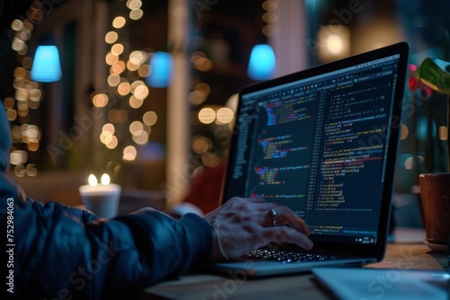 Person working on a laptop with coding software.