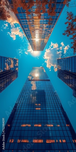 The buildings are arranged with very detailed, sunny cityscapes and sky-high glass windows.