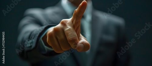 Businessman Pointing Finger in Macro Zoom Style, To convey a strong message of leadership, direction, and decision-making in a corporate or business photo