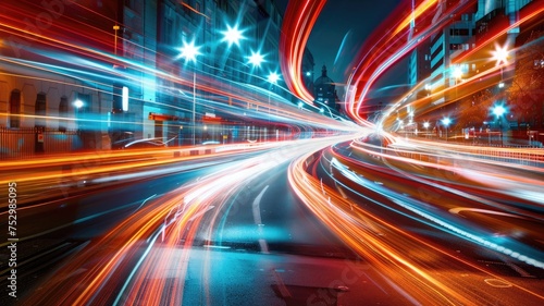 Vibrant city night scene with car trails  abstract lights  long exposure  realistic urban landscape
