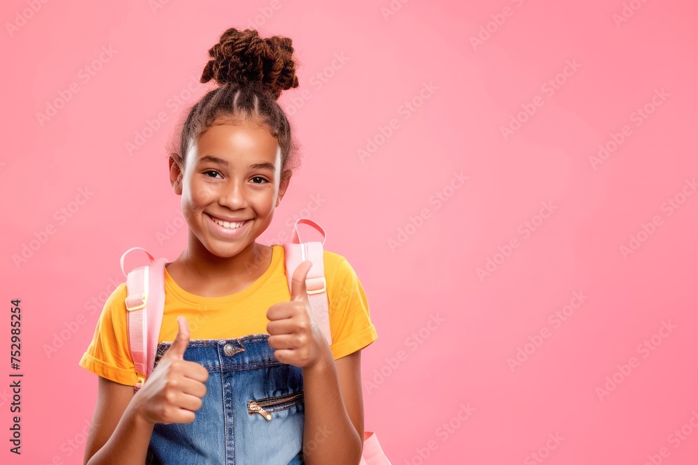 Young fun african american girl teen student wear denim clothes backpack hold books show thumb up gesture isolated on pink color background Young fun african american girl teen student wear denim clothes backpack hold books show thumb up gesture isolated on pink color background