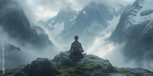 A man finds peace in nature meditating amidst breathtaking mountain scenery. Concept Nature, Meditation, Peace, Mountains, Serenity photo