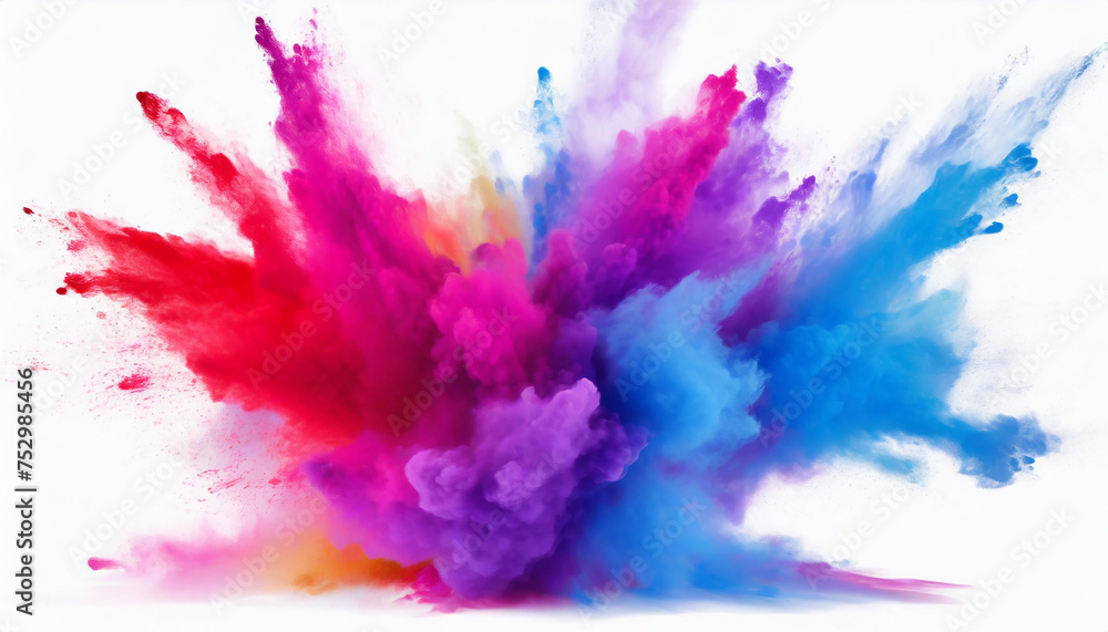 a colorful splash painting on white background, blue pink purple powder dust paint red explosion explode burst isolated splatter abstract. rainbow smoke or fog particles explosive special effect
