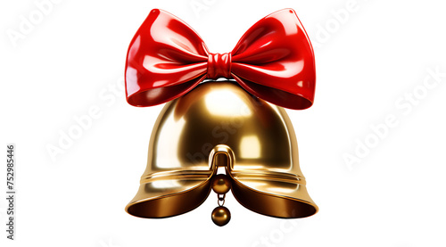 a gold bell with a red bow