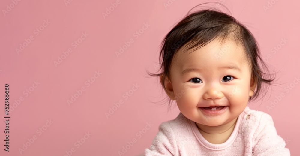 Close up portrait of little baby asian girl isolated on pink background. Close up portrait of little baby asian girl isolated on pink background.