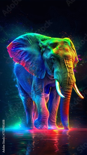 An enchanting depiction of a majestic elephant adorned in vibrant neon hues reflecting in tranquil waters against a dynamic, dark background.
