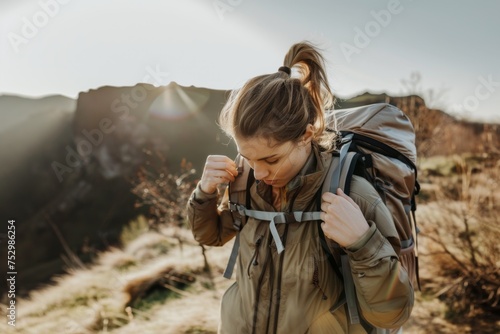 Woman adjusting backpack straps while hiking uphill