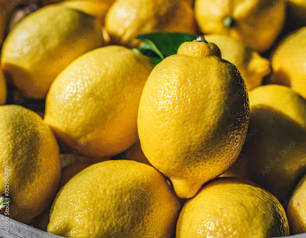 Closeup of fresh lemons stacked on top of each other, vibrant yellow fruits in a pile