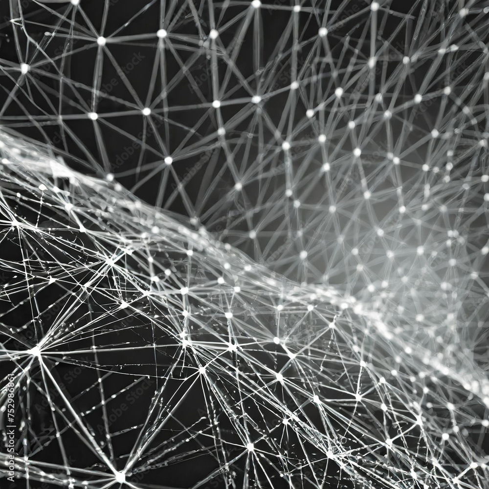 Dots and weave lines on a background of abstract shapes. A structure of connections in the network is visible.