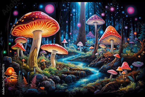 Glowing mushrooms, mystical forests, psychedelic colors photo