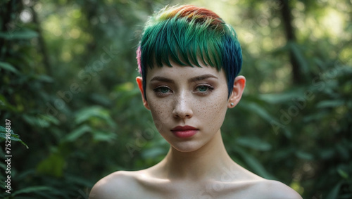 girl with colorful short hair in forest