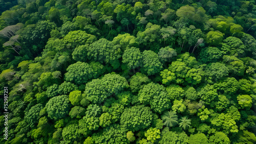 A photo of a forest with dense trees looking down from the sky. generative AI © sungsuk park