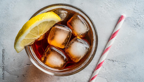 iced sweet tea with ice and paper straw with lemon wedge garnish on white background shot from overhead view