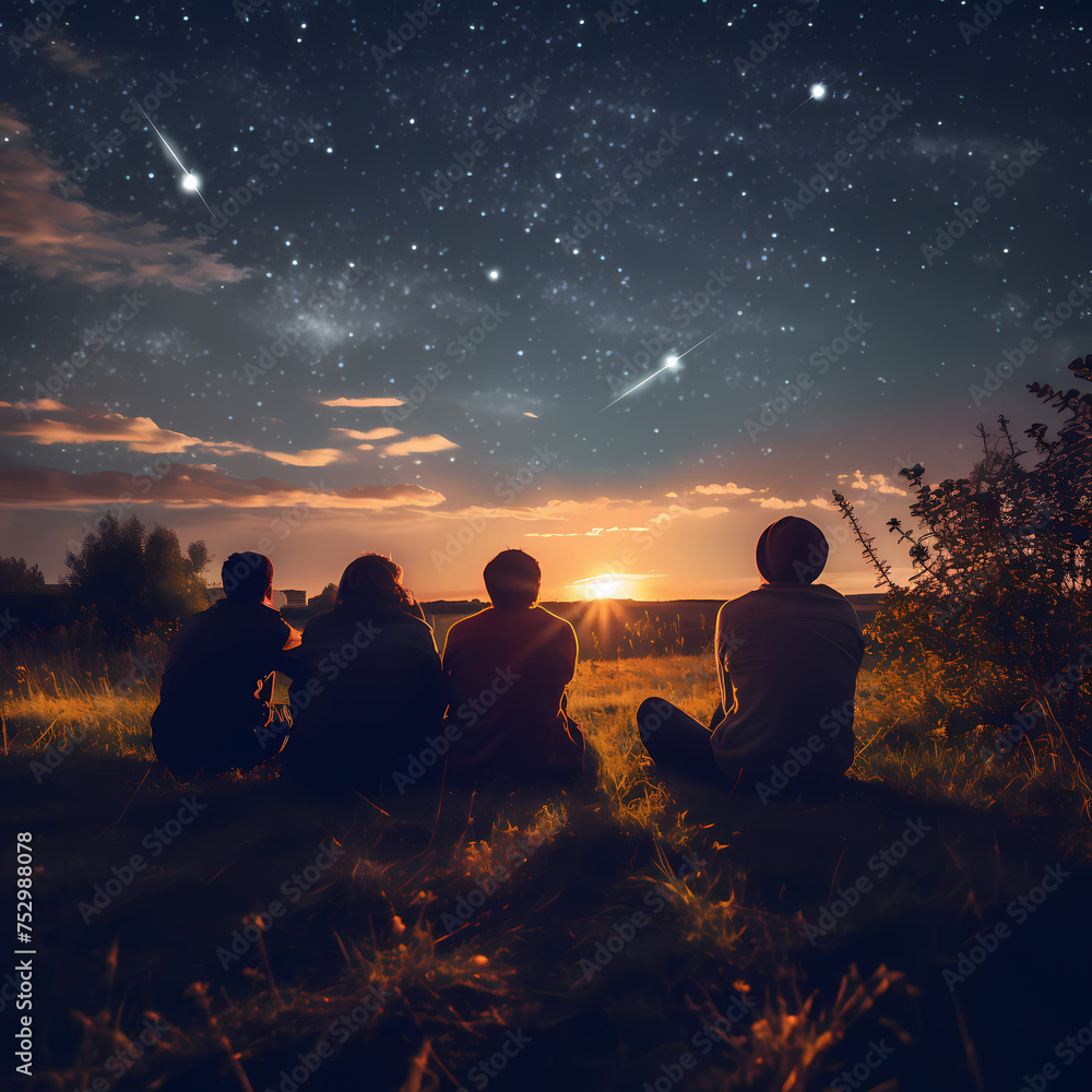 A group of friends stargazing on a clear night.