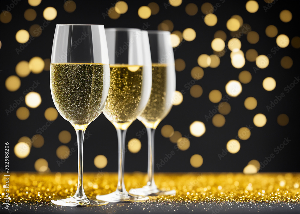 flutes with champagne or fizzy white wine on black background with blurred sparkles in the back. High quality photo created with generative ai technology flutes with champagne or fizzy white wine on black background with blurred sparkles in the back. High quality photo created with generative ai technology