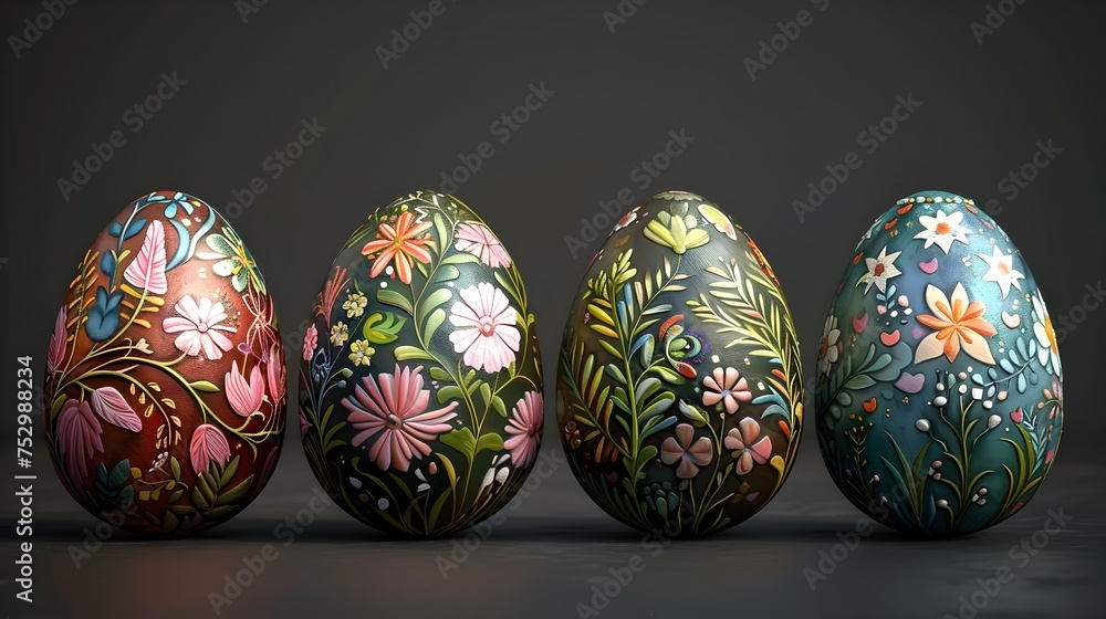 Four Styles of Decorated Easter Eggs, To showcase the variety and beauty of Easter egg decorations for holiday-themed advertisements and promotions