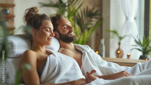 couple enjoying spa relax in hotel facility, smiling couple wearing towel, Generative Ai