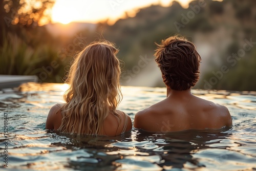 European couple enjoying swimming in modern close to nature view scenery at sunset time, Generative Ai 