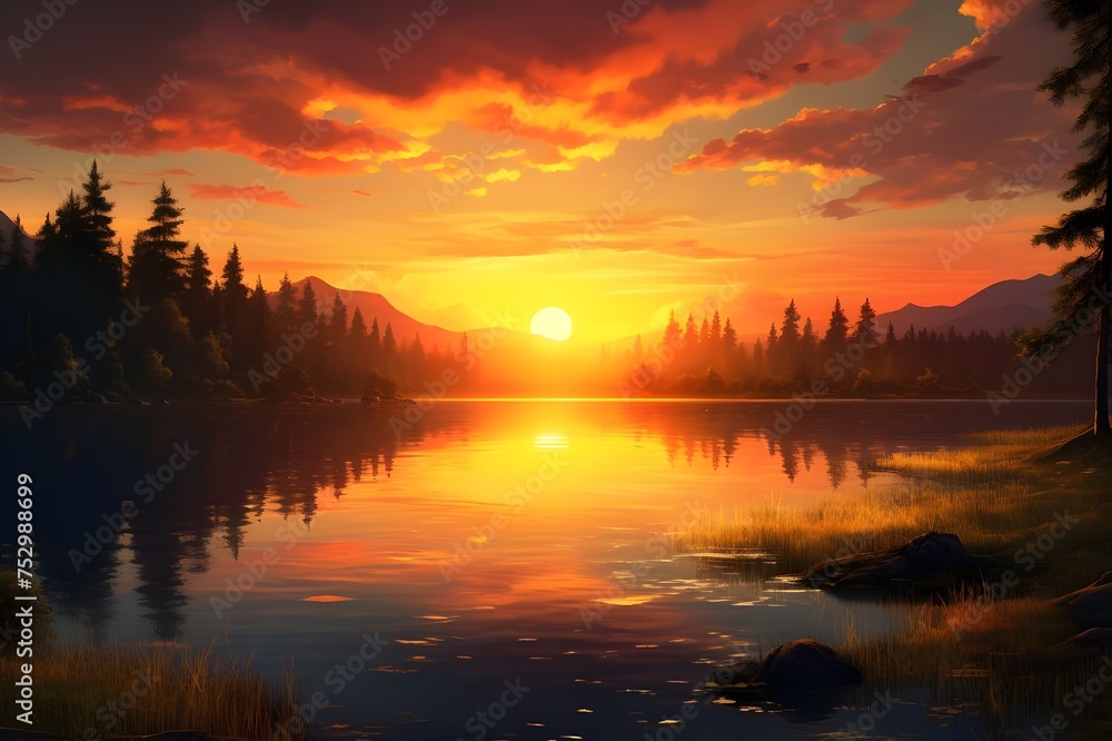 Enchanting Sunset over a Tranquil Lake: A breathtaking view of the sun setting behind a serene lake, casting a warm and golden glow on the water.

