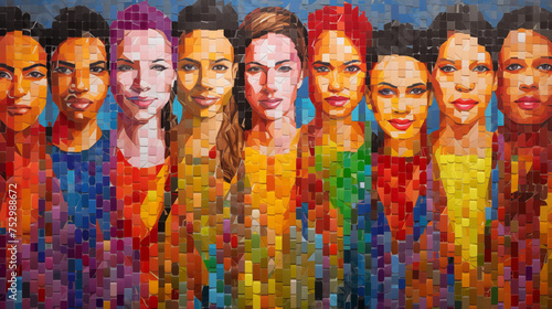 Vibrant mosaic artwork depicting a series of women s faces  showcasing a spectrum of diversity and the beauty of femininity. 