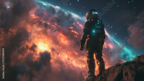 Astronaut looking at the nebula cloud.