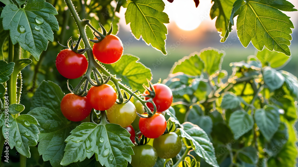 Image of fresh cherry tomatoes on a farm. generative AI.
