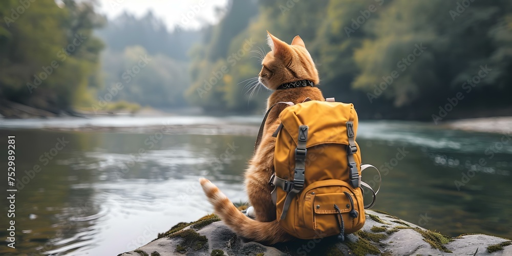 The Engaging Journey of a Backpack-Clad Cat Mesmerized by Beautiful River Views. Concept Traveling Cats, Adventure Backpacks, Scenic Landscapes, Outdoor Explorations, Feline Wanderlust - obrazy, fototapety, plakaty 