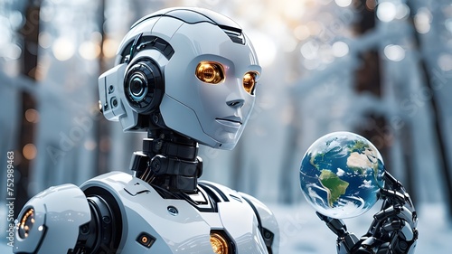 A futuristic AI robot holding a frosty Earth symbolizes reflection on environmental impacts in a modern, digital era