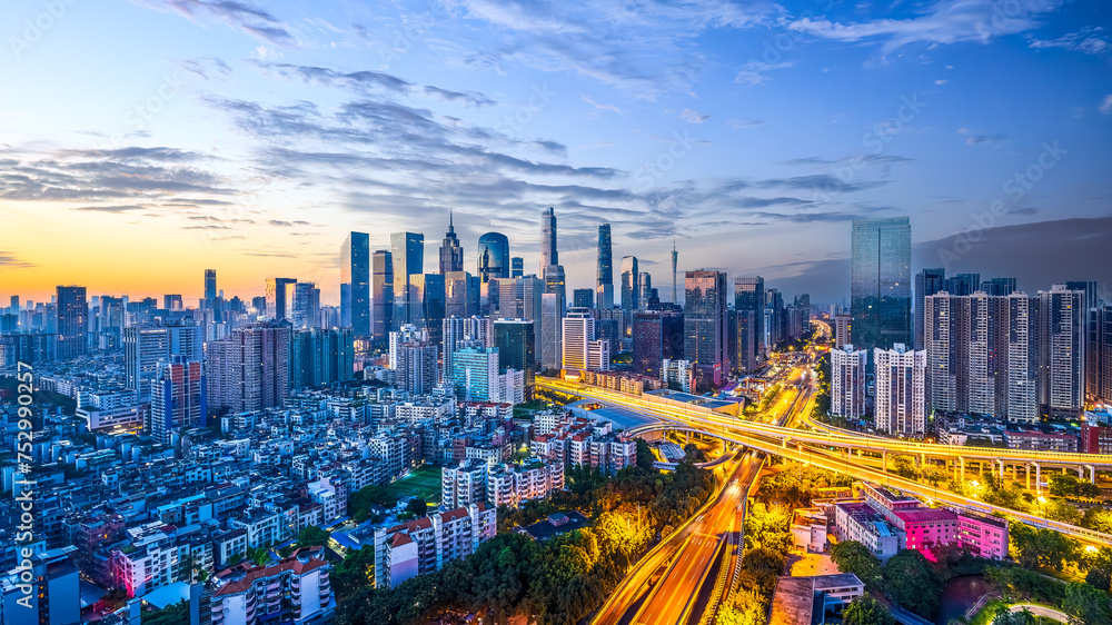 Downtown commercial buildings skyline and highway in Guangzhou