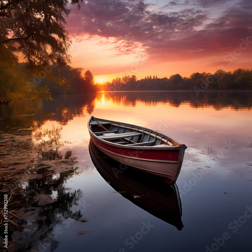 A serene lake with a small boat at sunset.