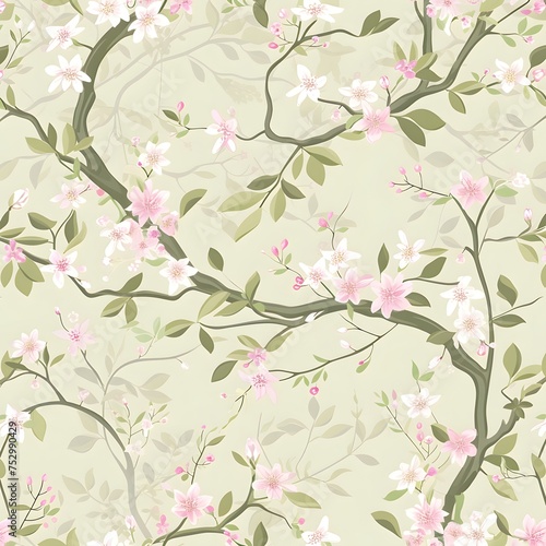 Spring Background  Delicate blossoms and verdant foliage intertwine to form a seamless pattern that celebrates the renewal and vitality of the spring season.