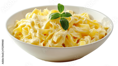 Freshly cooked fusilli pasta with basil garnish in white bowl on transparent background - stock png.