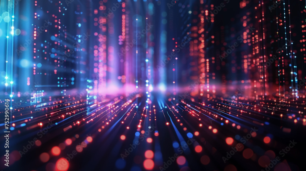 A colorful, abstract image of a cityscape with bright lights and glowing dots A colorful, abstract image of a cityscape with bright lights and glowing dots