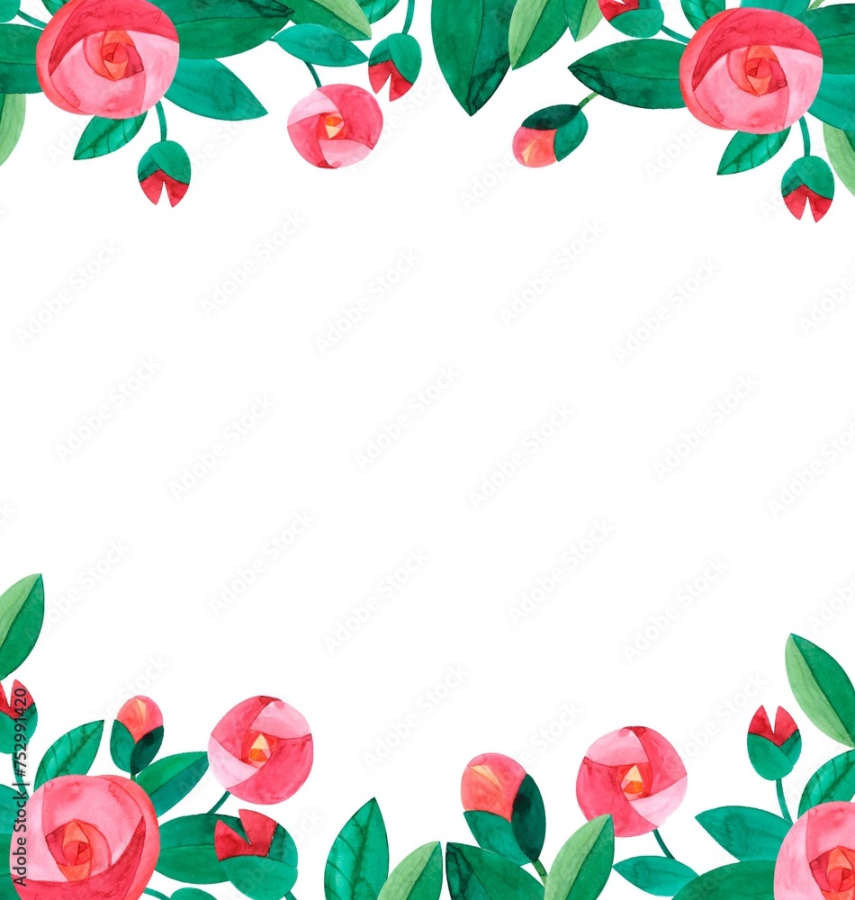 Fototapeta premium Frame of decorative pink and red roses, watercolor illustration of round roses and green leaves
