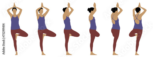 Vector concept conceptual silhouette of a woman doing a yoga pose from different perspectives isolated on white background. A metaphor for balance, health, concentration, fitness and lifestyle