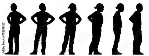 Vector concept conceptual black silhouette of a boy from different perspectives isolated on white background. A metaphor for fashion, style, elegance, confidence and childhood