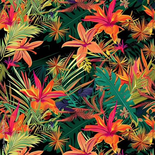 Tropical Background  Exotic flora and fauna mingle in a seamless pattern that evokes the lush beauty and vibrant colors of a tropical paradise.