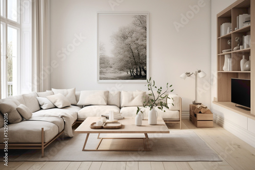 Elegant simplicity in a Scandinavian-inspired living room with a focus on clean lines and uncluttered spaces.